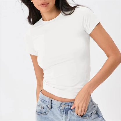 2025 Spring New Short Sleeve T-Shirt Women Solid Simple Casual Soft All-Match Hot Basic Crop Tops Tees Summer Fashion Slim Fit T WHITE