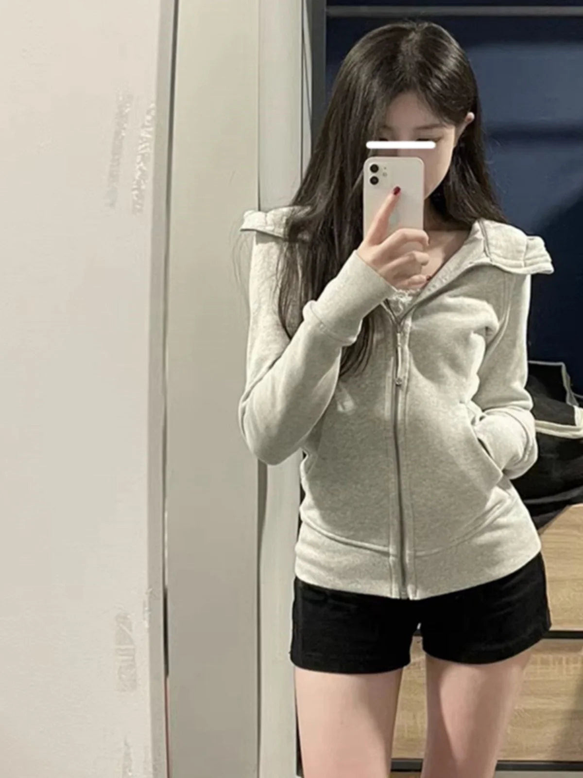 ay Fce Lined Hoodie Women's Sportswear Slim Fit Autumn Winter Casual Versatile Outerwear Korean Sle Commute Design White gray
