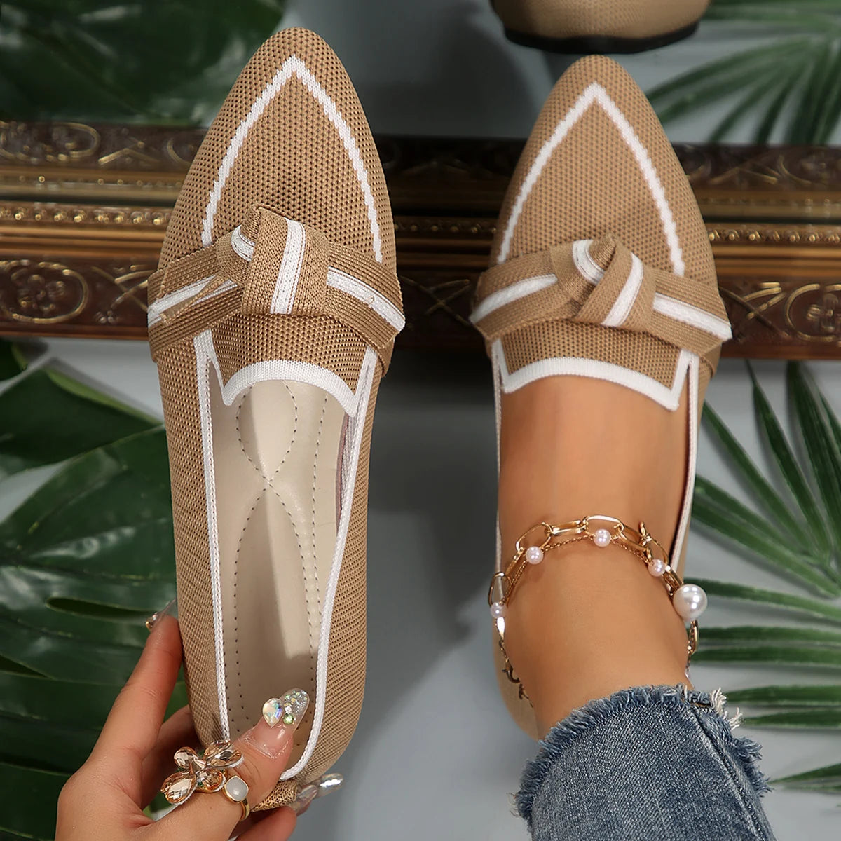 Women Flats Loafers Bowknot Pointed Toe Mesh Casual Shoes Comfort Walkers Ladies Light Lace Up Soft Sole Flats Zapatos De Mujer Khaki