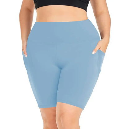 Women's High-Waisted Yoga Shorts Plus Size Workout Leggings with Dual Pockets Stretch European Style Activewear for Gym & Casual