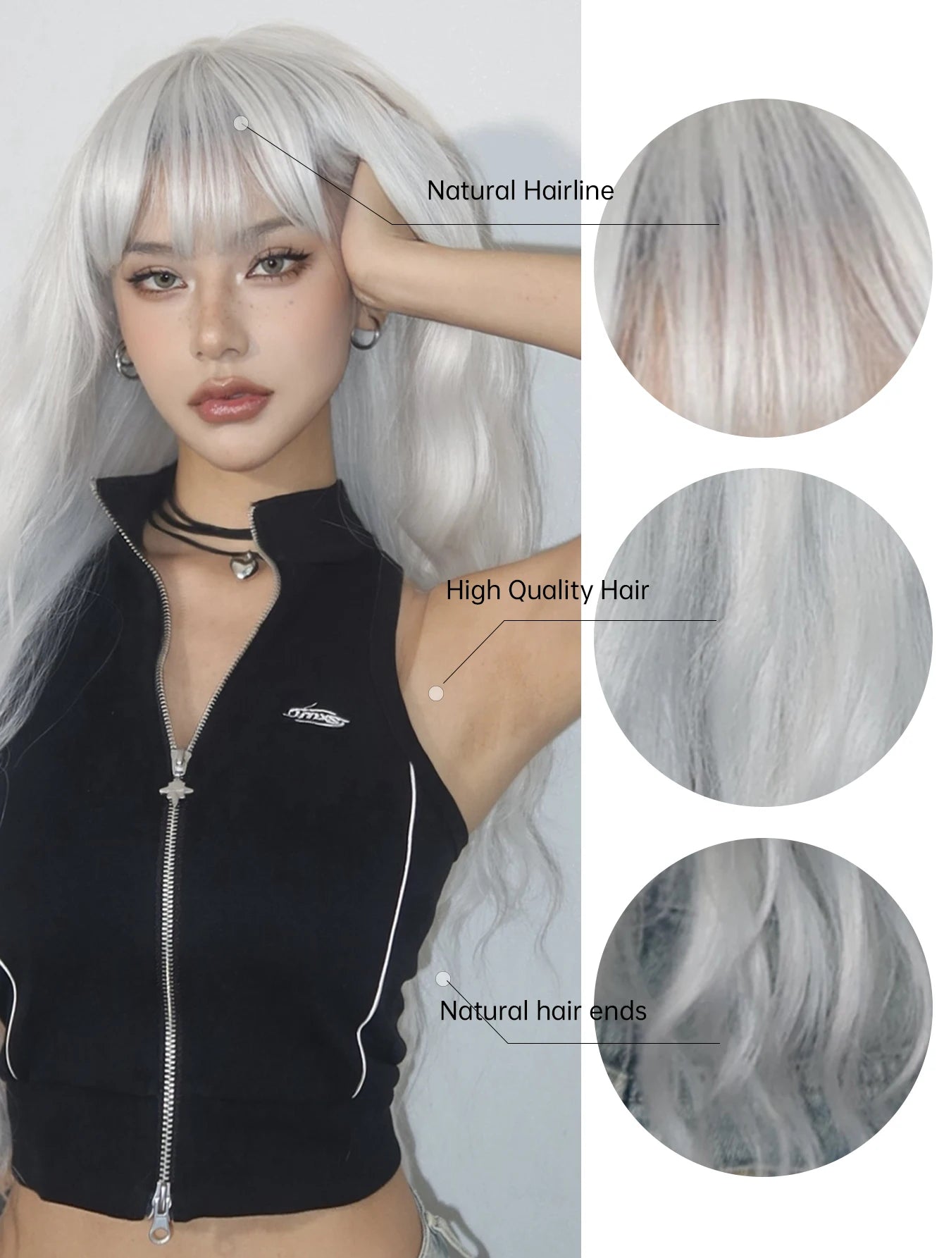 Super Long Curly Silver Synthetic Wig with Fluffy Bangs White Water Wave Hair Wigs for Women Daily Use Cosplay Colored Hair Wig