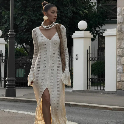 hirigin Button Front Long Sleeve Sheer Open-knit Long Cover-up Jacket Women Autumn Beach Vacation Outfit Maxi Cardigan