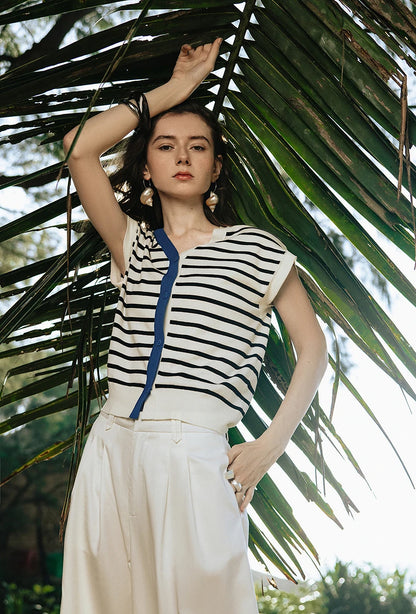 TOYOUTH Women Knitwear 2025 Summer New Short Sleeve Striped Contrast Color Pullover Tops 8523018