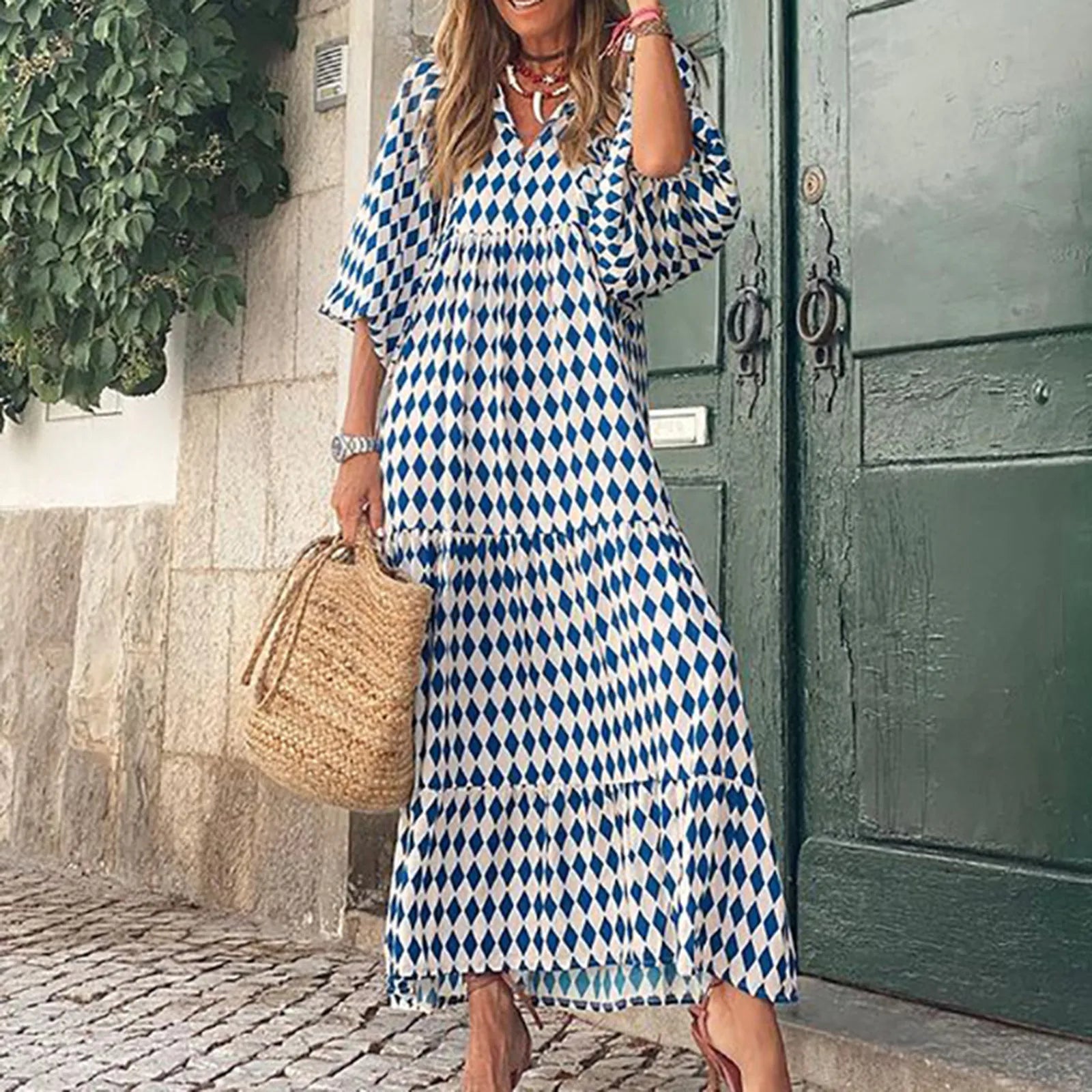Puff Sleeve Boho Maxi Dress Elegant Women Summer 2022 Casual Floral Drawstring V-Neck Loose Holiday Beach Dresses Party Vestidos Badiee Stylez