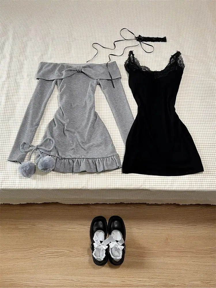 2024 High Street Two Piece Set Gray Slash Neck Long Sleeve Spliced Plested Dresses Y2k Aesthetic Vintage Lace Design Sling Dress Badiee Stylez