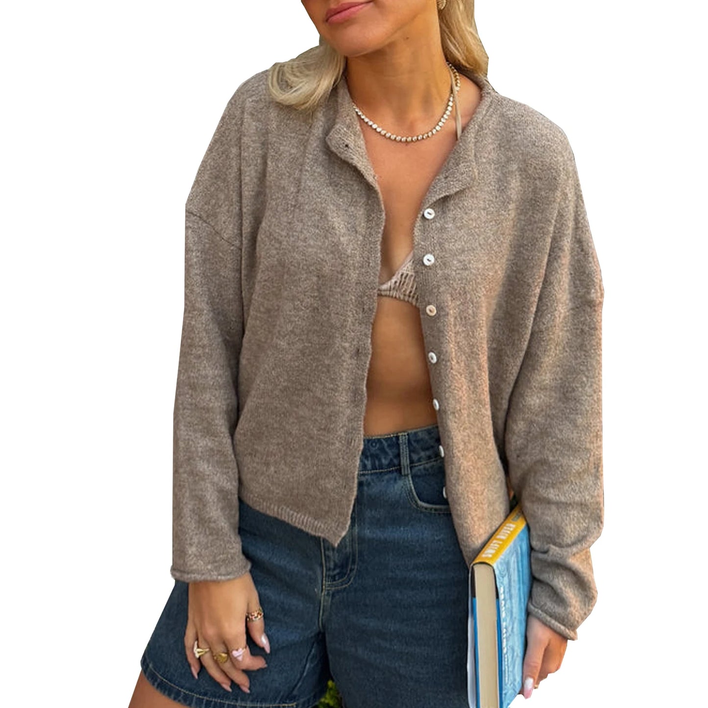 Combhasaki Women's Y2K Chic Solid Color Knitwear Cardigan Fuzzy Long Sleeve Button-down Front Closure Loose Fit Basic Sweaters light brown