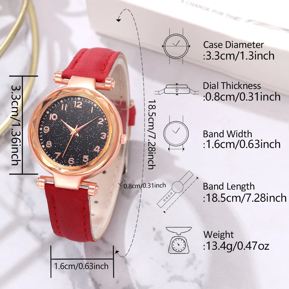 6PCS/Set Red Women's Watch With Minimalist Elements Dial Quartz Watch Latex Strap Cherry Elements Jewelry Set Girl's Gift Badiee Stylez