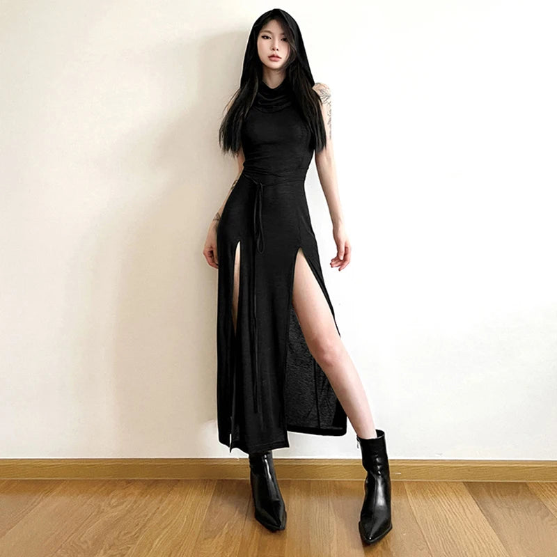 Xingqing Grunge Dress y2k Women Clothes Solid Color Sleeveless Hollow Out Back Slit Hooded Dress 2000s Halloween Party Dresses