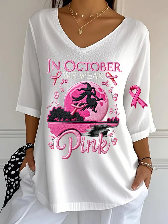 Women's Halloween Graphic Print T-Shirt Pink Ribbon Witch Halloween Costume T-Shirt Gifts Women Fashion Gothic Aesthetic Clothes