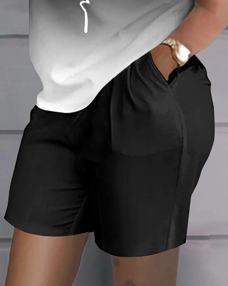 Women's T-shirt+Hot Pants Two Piece Set 2024 Summer Fashion Casual Printing Quick Drying Sports Fitness Top Shorts Female Suit