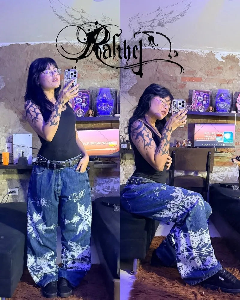 New Hip-hop Punk Harajuku Y2K Streetwear Trousers Women Goth Cross Print Baggy Jeans American Retro High Waist Wide-leg Pants