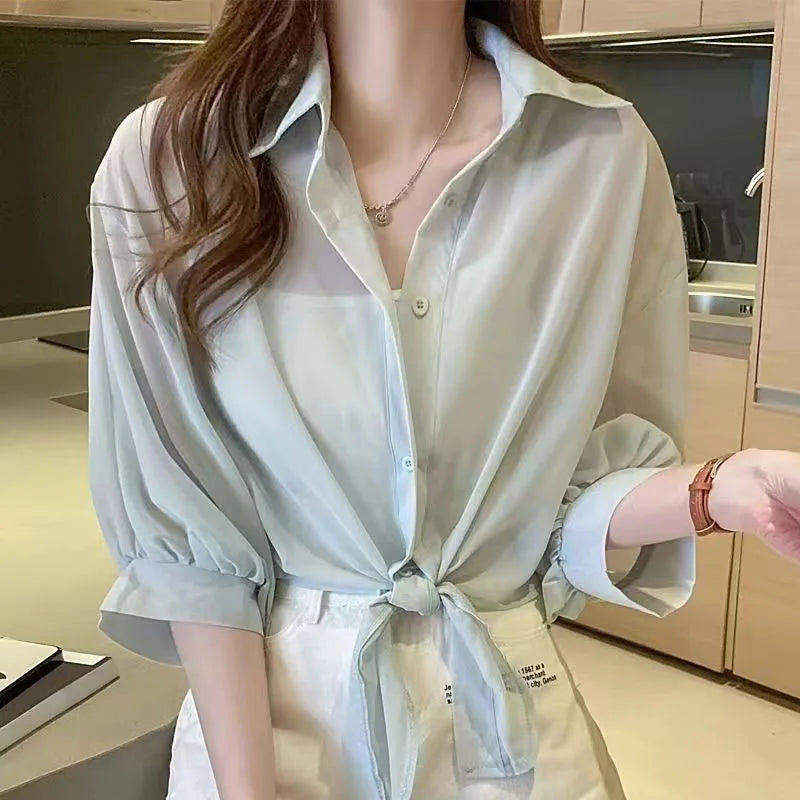 Xpqbb Summer Sun Protection Shirts Ladies Solid Color Tied Waist Half Sleeve Button Blouse Women Casual Loose Chiffon Shirt green