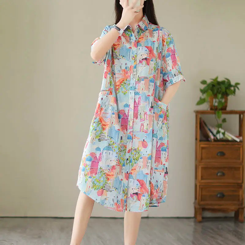 Fashionable Cartoon Printed Short-sleeved Shirt Skirt for Women in Summer Loose Dress Pink