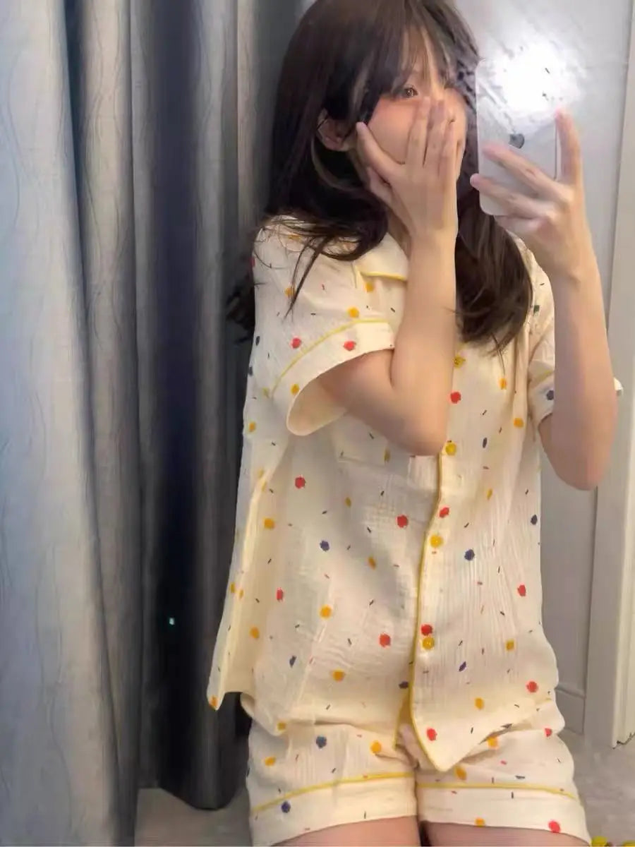 Cute Girl's Summer Cotton Linen ort Sve Nightgown Home Clothes Set Bear Print Gauze Spwear Simple Home Sle