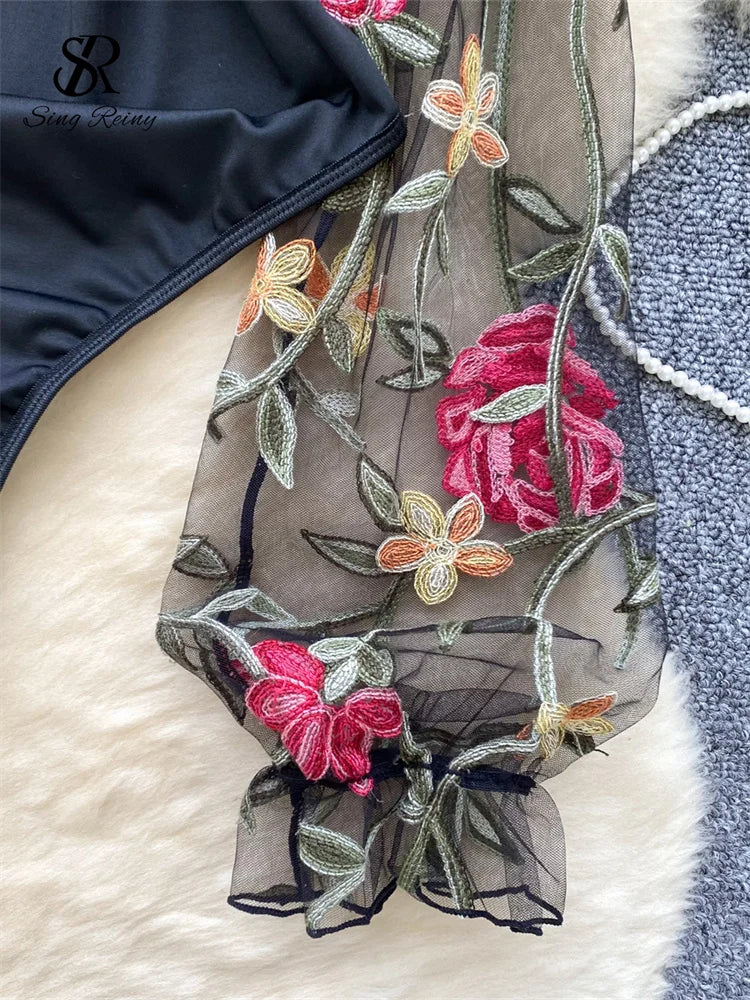 SINGREINY Vintage Embroidery Gauze Sexy Bodysuits Stand Collar Long Sleeve Playsuits Fashion Spliced Women Open crotch Rompers