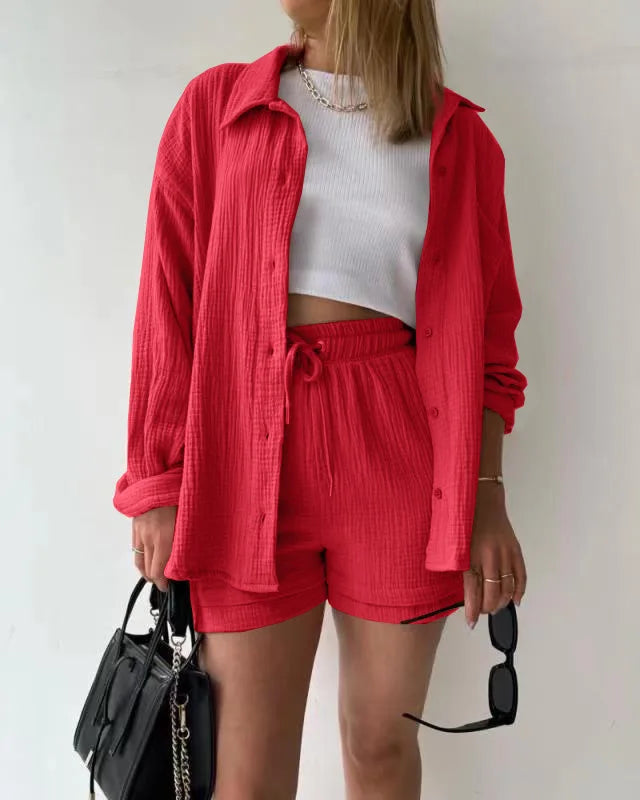 Short Sets Women Tracksuit Single Breasted Cardigan Blouses Two Pieces Shorts Loose Button High Street Solid Pockets Folds