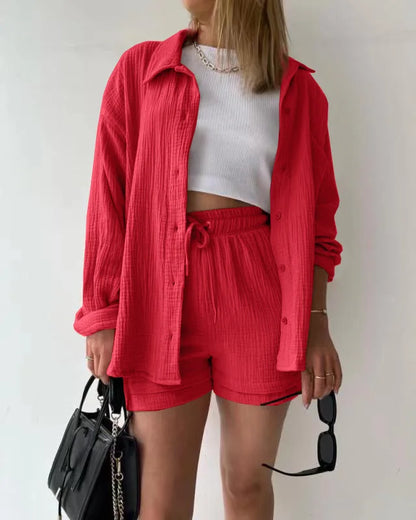 Short Sets Women Tracksuit Single Breasted Cardigan Blouses Two Pieces Shorts Loose Button High Street Solid Pockets Folds