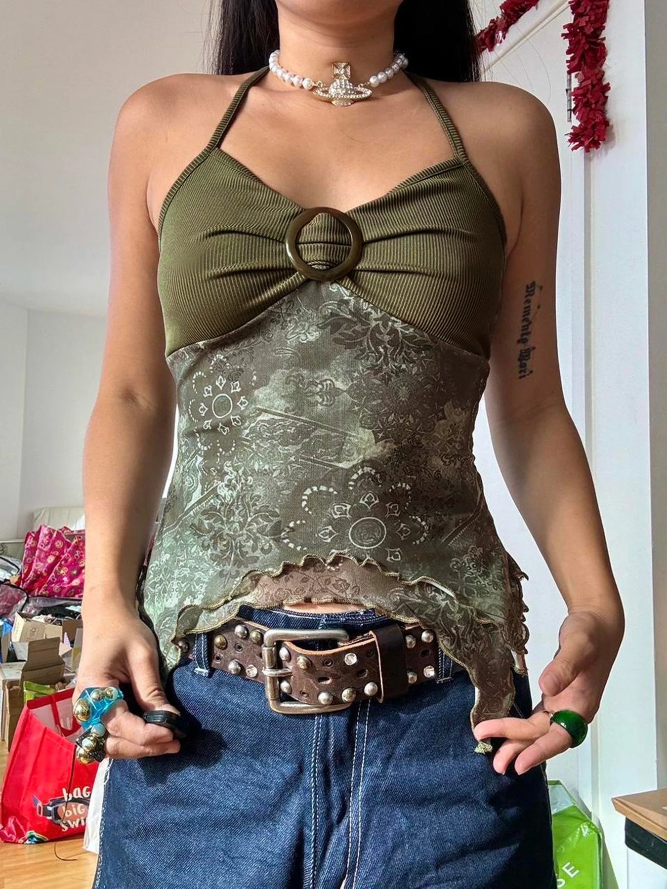 Rockmore Boho Vintage Print Mesh Patchwork Crop Top Women V Neck Camis Y2K Streetwear Female Coquette Aesthetic Clothes 2024 green