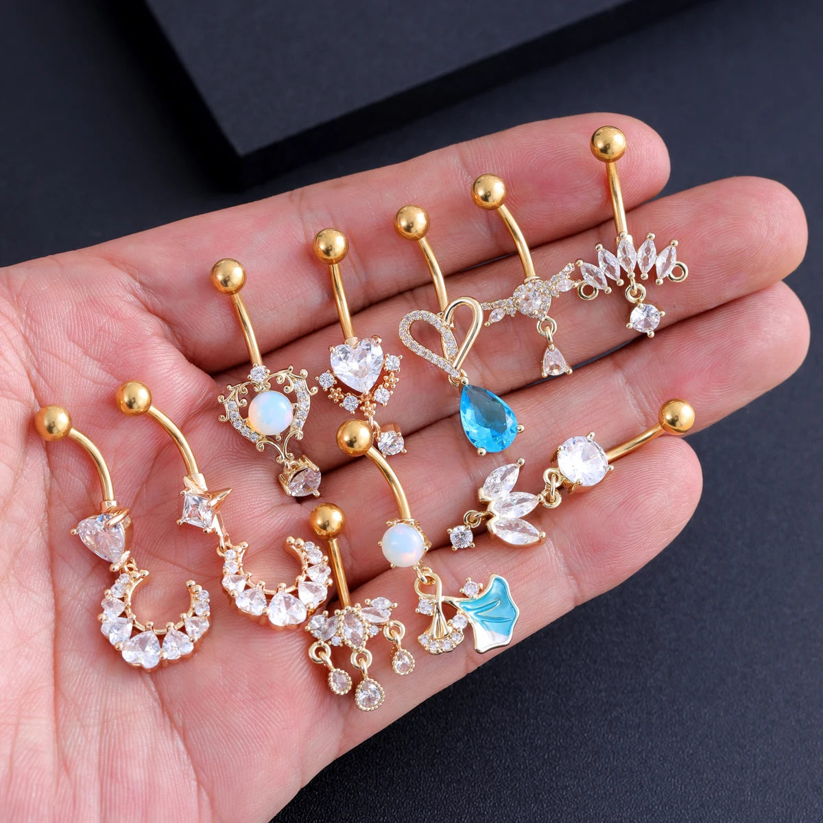 Zircon Crystal Belly Button Ring Dangle Wing Piercing Nombril Ombligo Surgical Steel Barbell Heart Round Navel Stud Body Jewelry