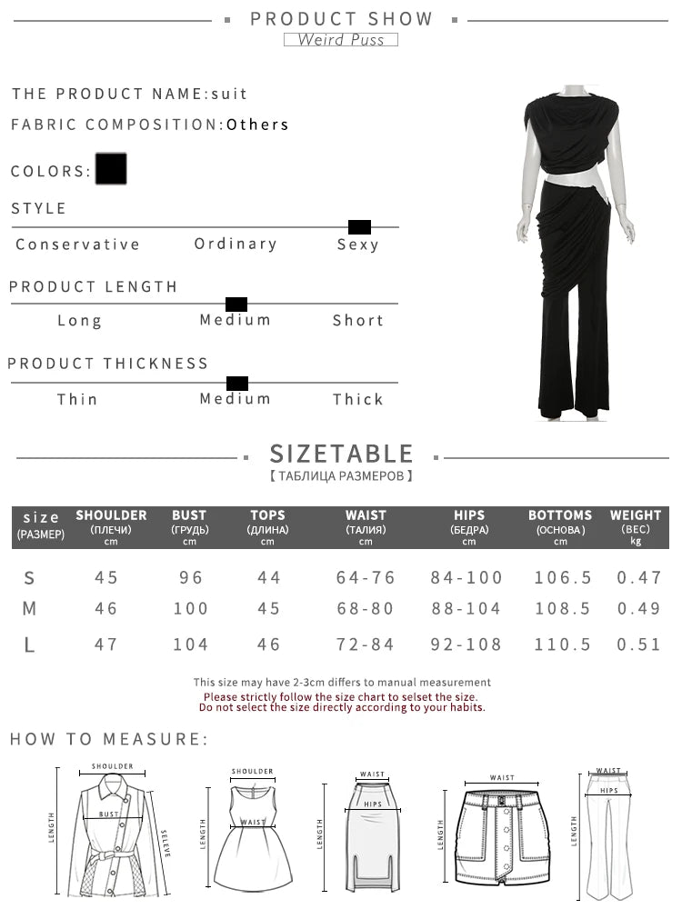 Weird Puss Elegant Irregular 2Piece Set Summer Women Chic Classic Tank Tops+Skirts Pants Matching Trend Ruched Suits Streetwear Badiee Stylez