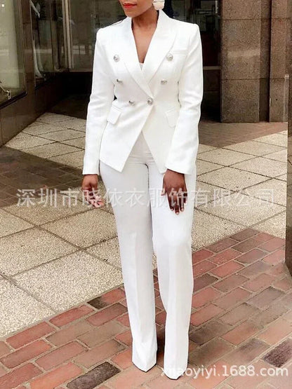 Women Pants Set Two Piece Sets Turn Down Collar White Blazer Elegant Coats Matching Sets Work High Waist Long Pants Suits