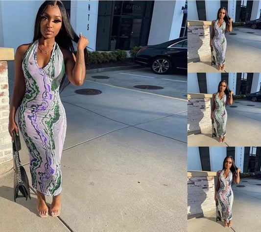 2024 AliExpress European and American cross-border summer fashion print halterneck mid-waist temperament hip wrapping dress