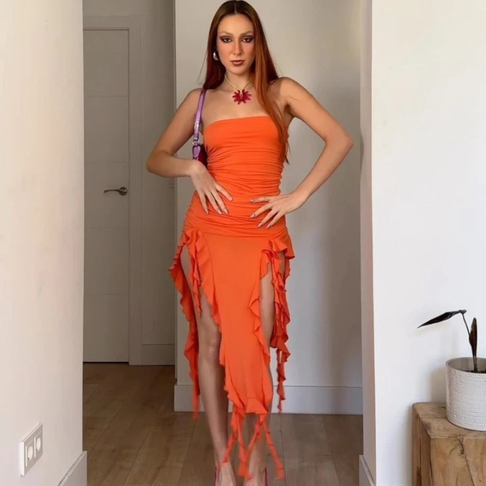 WonMiracle Elegant Strapless Dress Women Irregular Tassel 2024 Summer Trend Skinny Split Maxi Bodycon Party Dress For Women