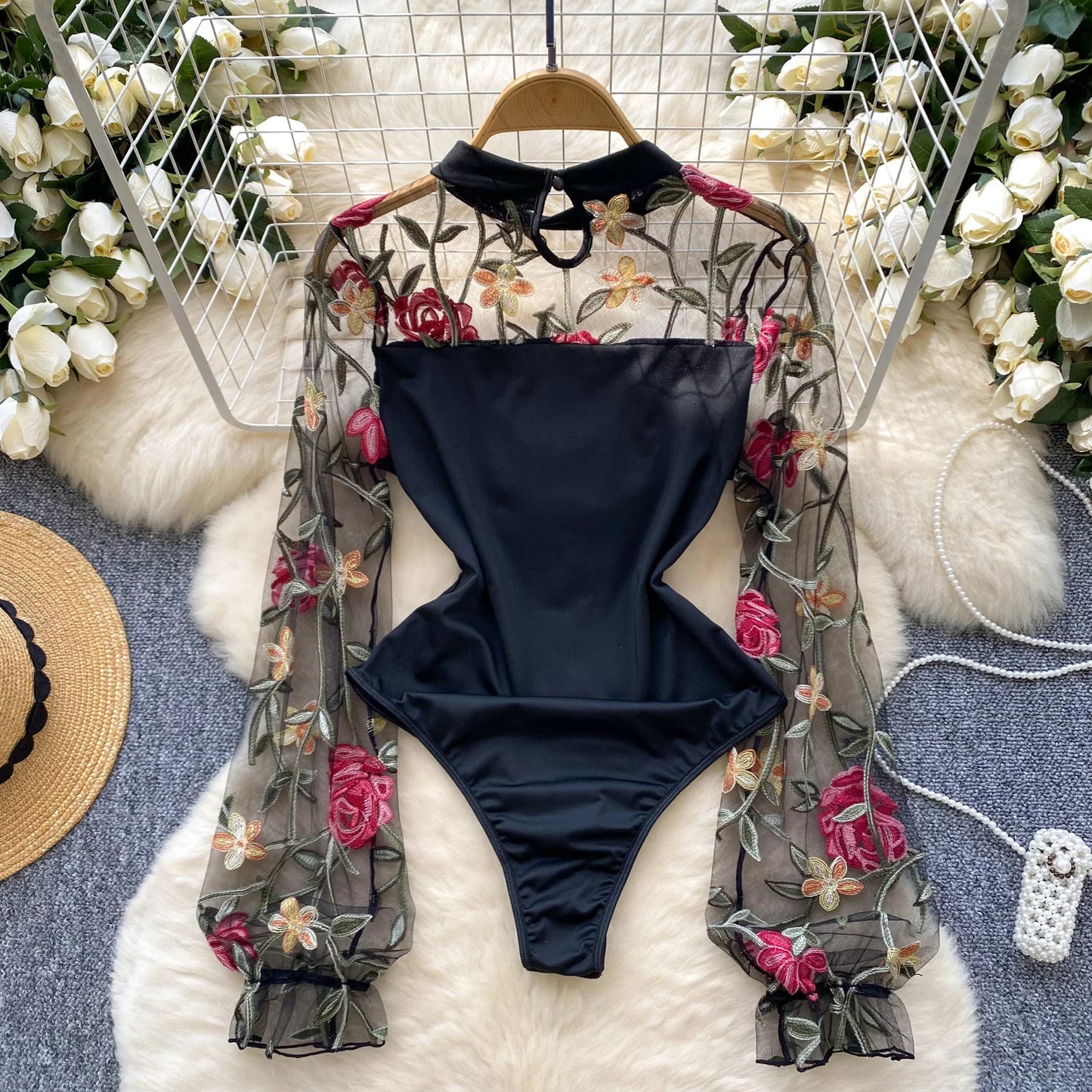 SINGREINY Vintage Embroidery Gauze Sexy Bodysuits Stand Collar Long Sleeve Playsuits Fashion Spliced Women Open crotch Rompers