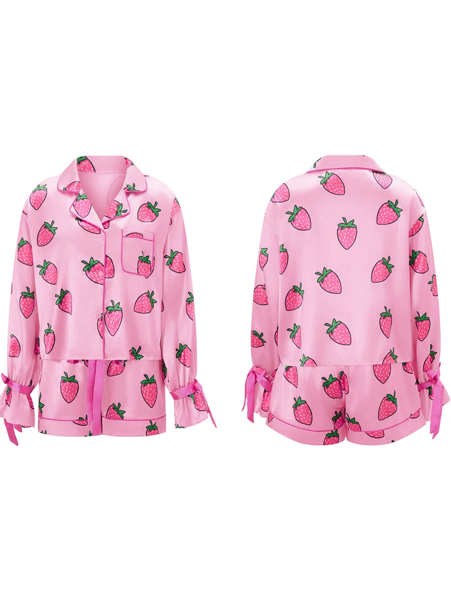 Women's 2 Piece Lounge Set Long Sleeve Lapel Strawberry/Bow Print Button Up Tops Shorts Sleepwear Sets