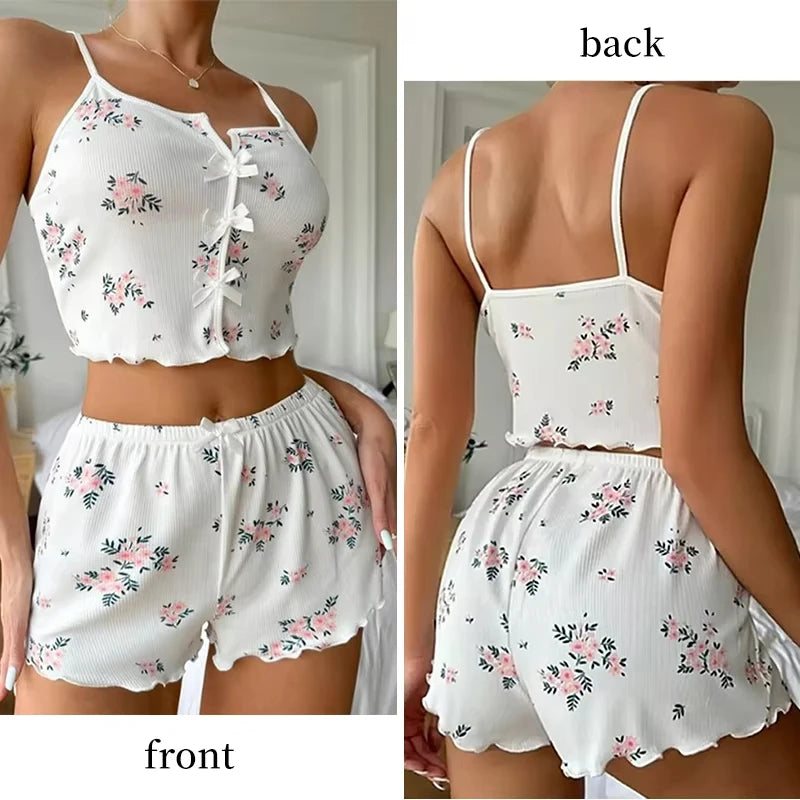 Y2K Cute Floral Print Ribbed Pajama Set Womens Cami Crop Top Shorts Two Piece Sleepwear Loungewear Set Lettuce Trim Bow Button