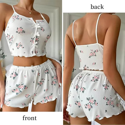 Y2K Cute Floral Print Ribbed Pajama Set Womens Cami Crop Top Shorts Two Piece Sleepwear Loungewear Set Lettuce Trim Bow Button