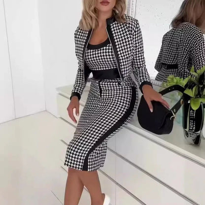 Fashionable Sweet Style Long Sleeve Print Jacket Vest And Skirt Three Piece Set Women's Slim Fit Spring Autumn Clothing Badiee Stylez