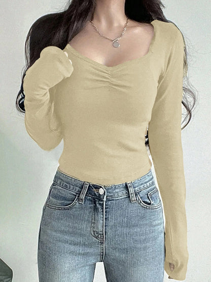 Women Long Sleeve Tops - Sexy Going Out Sweetheart V Neck Basic Shirts Tight Slim Fall Trendy Clothing