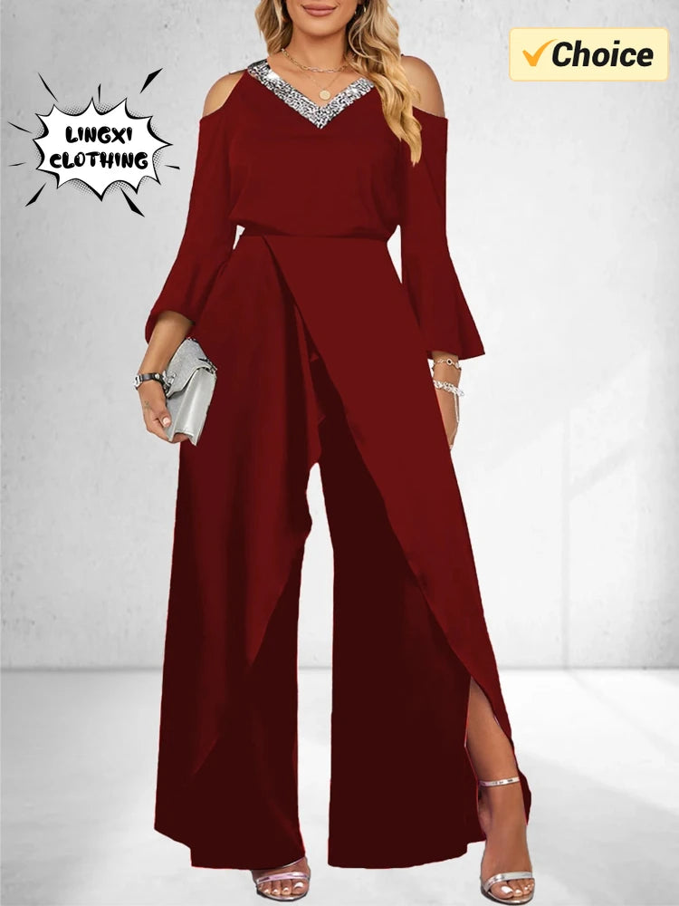 2024 Women's New Split Sequin Solid V-neck Basic Business Elegance Wide Leg Loose Sleeve Flare Sleeve Jumpsuit Bodysuit