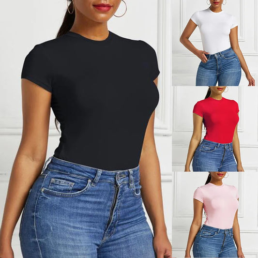 Solid One Piece Bodysuit Short Sleeve O Neck Sexy Open Basic Overalls Women Tight Fitting Body Top Skinny Female