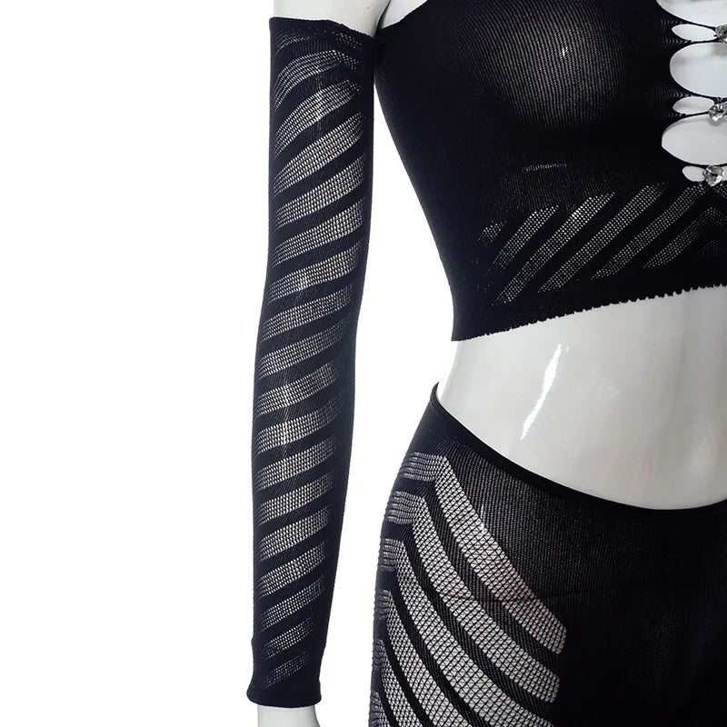 Simenual Baddie Fashion Mesh Tansparent Two Piece Sets Hotsweet Sexy Hollow Out Crop Tops Skinny Pants High Elastic Co Ord Suits