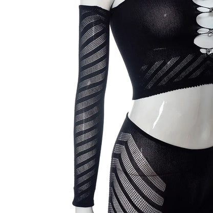 Simenual Baddie Fashion Mesh Tansparent Two Piece Sets Hotsweet Sexy Hollow Out Crop Tops Skinny Pants High Elastic Co Ord Suits