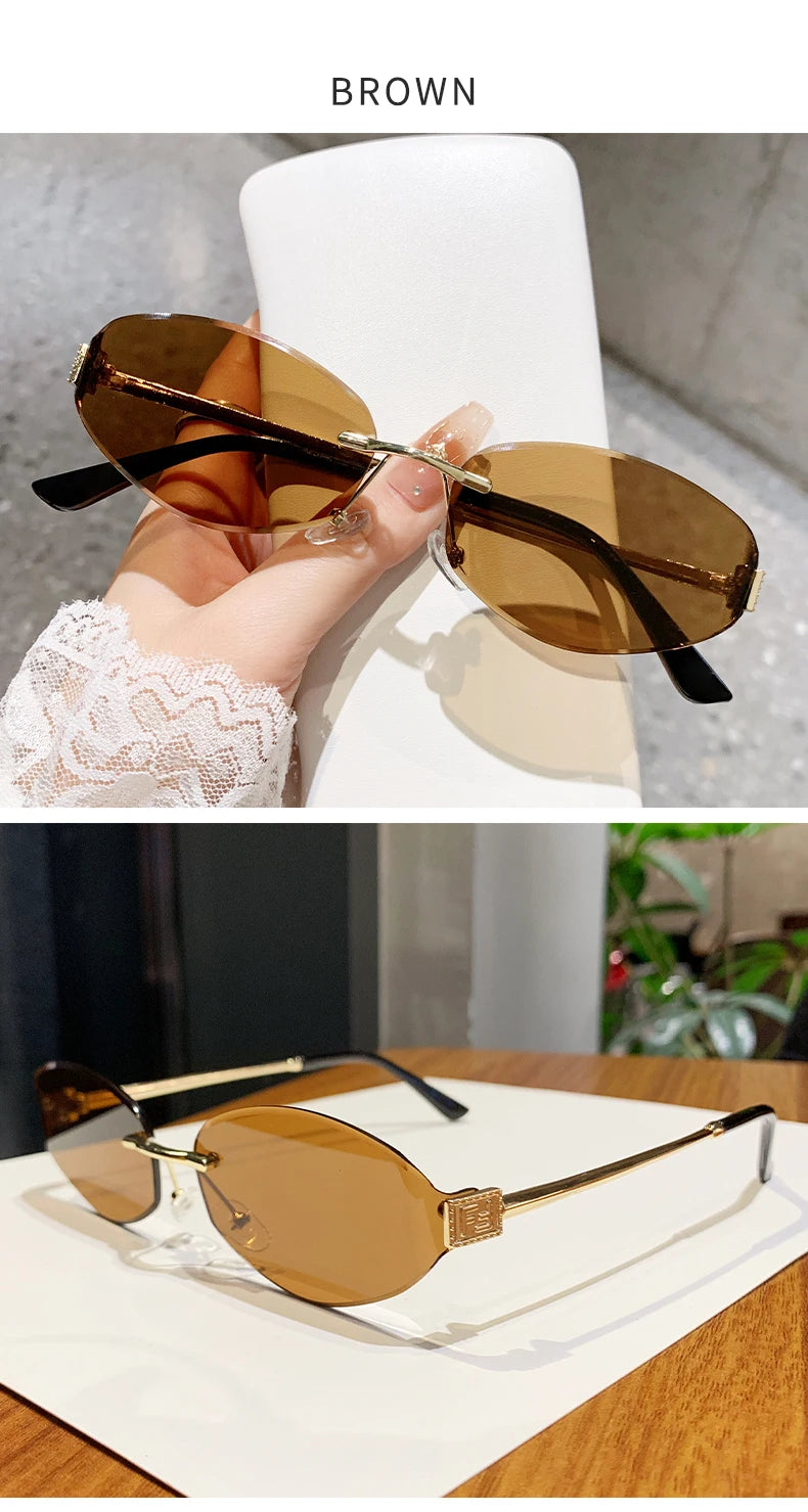 Retro Frameless Oval Concave Design Y2k Personalized Sunglasses Trendy Uv Resistant Street Photography Sunglasses 90275