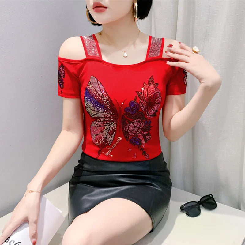 New Arrival Summer European Clothes Women's T-Shirts Chic Luxury Butterfly Hot Diamonds Tees Sexy Girl Slim Streetwear Tops Picture color 3