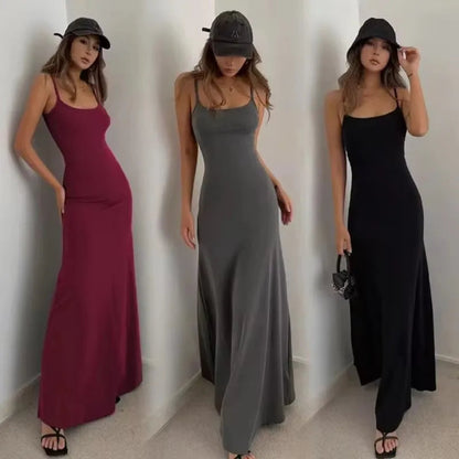 2024 Summer Women's New Fashion Simple Temperament Suspender Long Backless Slim Waisted Sexy Sweet And Spicy Casual Dresses Badiee Stylez