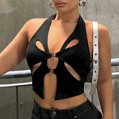 Sexy Black Halter Women's Y2k Crop Tops Sleeveless Hollowing Out Backless Fashion Female 2024 New Summer Grunge Slim Tank Tops