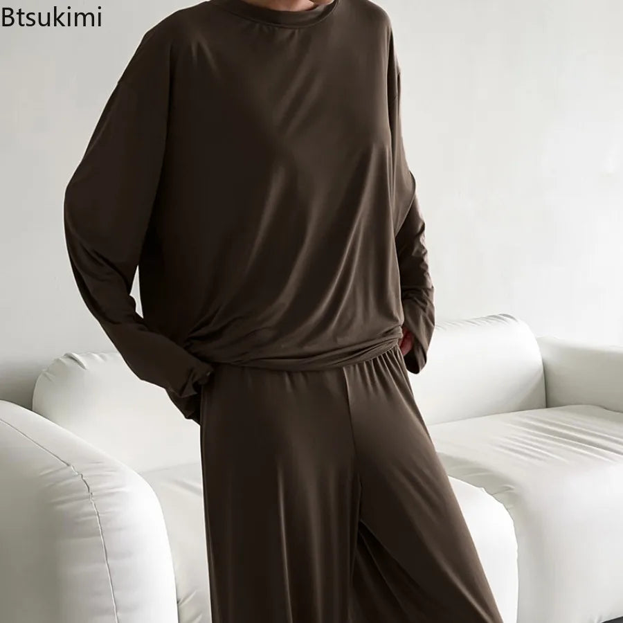 New 2025 Brown Loose Female Sleepwear Suit O-Neck Nightgowns Long Sleeve Nightwear Wide Leg Pants Women's Pajamas 2 Piece Set