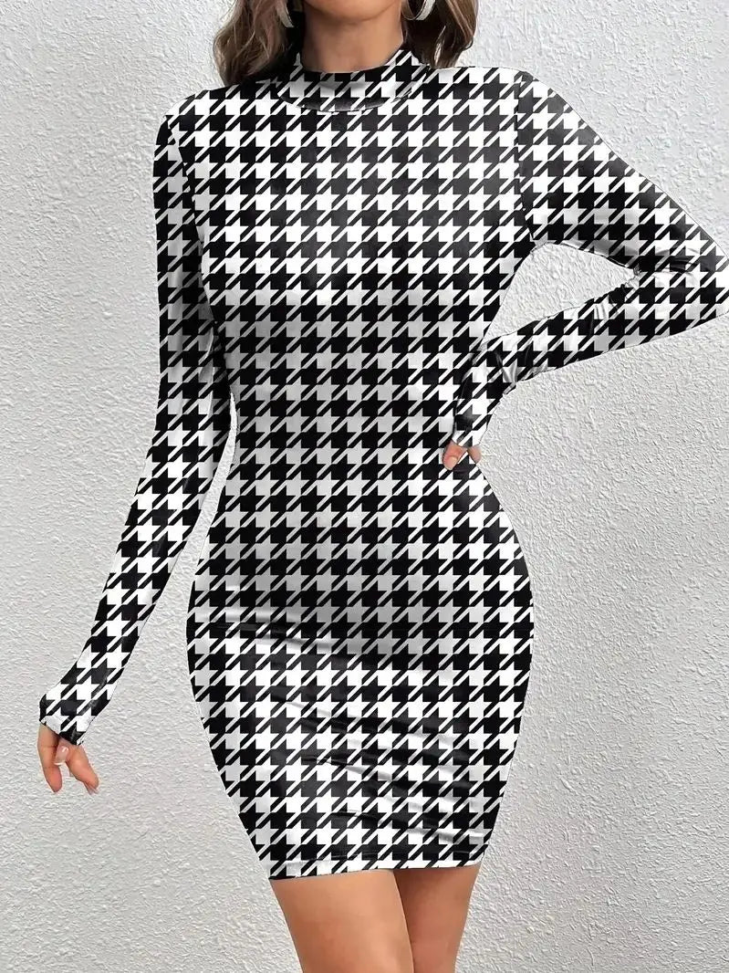 Women Fashion Stretch Knit Mini Dress Vintage High Neck Sleeveless Female Houndstooth Pattern Bodycon Dress Long Sleeve Dress Badiee Stylez