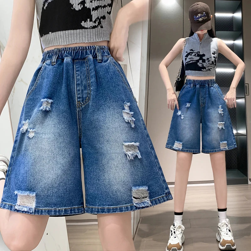 Plus Size Denim Shorts For Women 2024 Summer Wide Leg Loose Blue Jeans Shorts High Elastic Waist Half Length Casual Denim Shorts