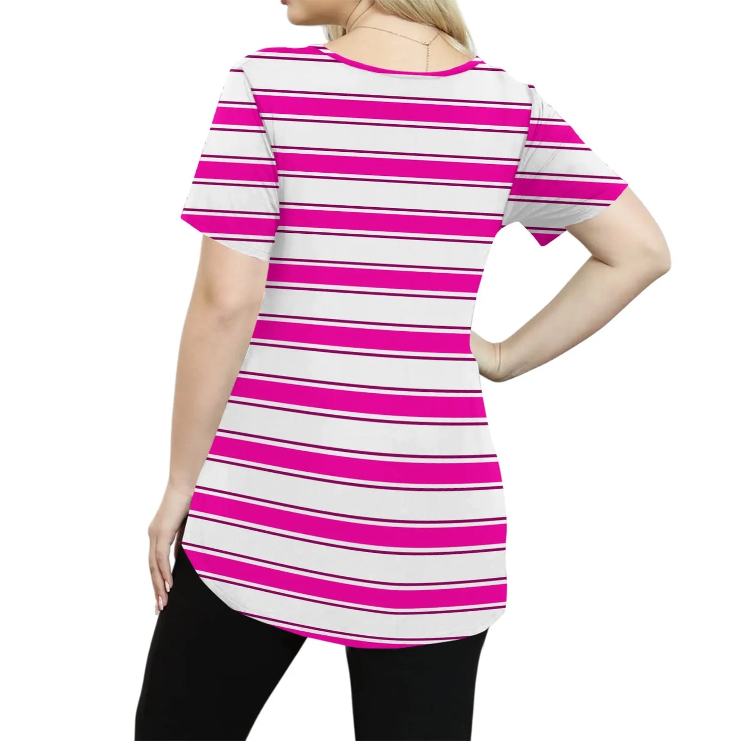 Plus Size Casual striped T-shirt For Women V neck short sleeves Loose Tops With Pocket Summer Daily Casual Plus Size Women's Top