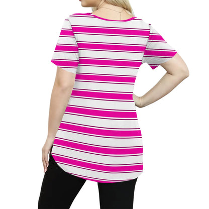 Plus Size Casual striped T-shirt For Women V neck short sleeves Loose Tops With Pocket Summer Daily Casual Plus Size Women's Top