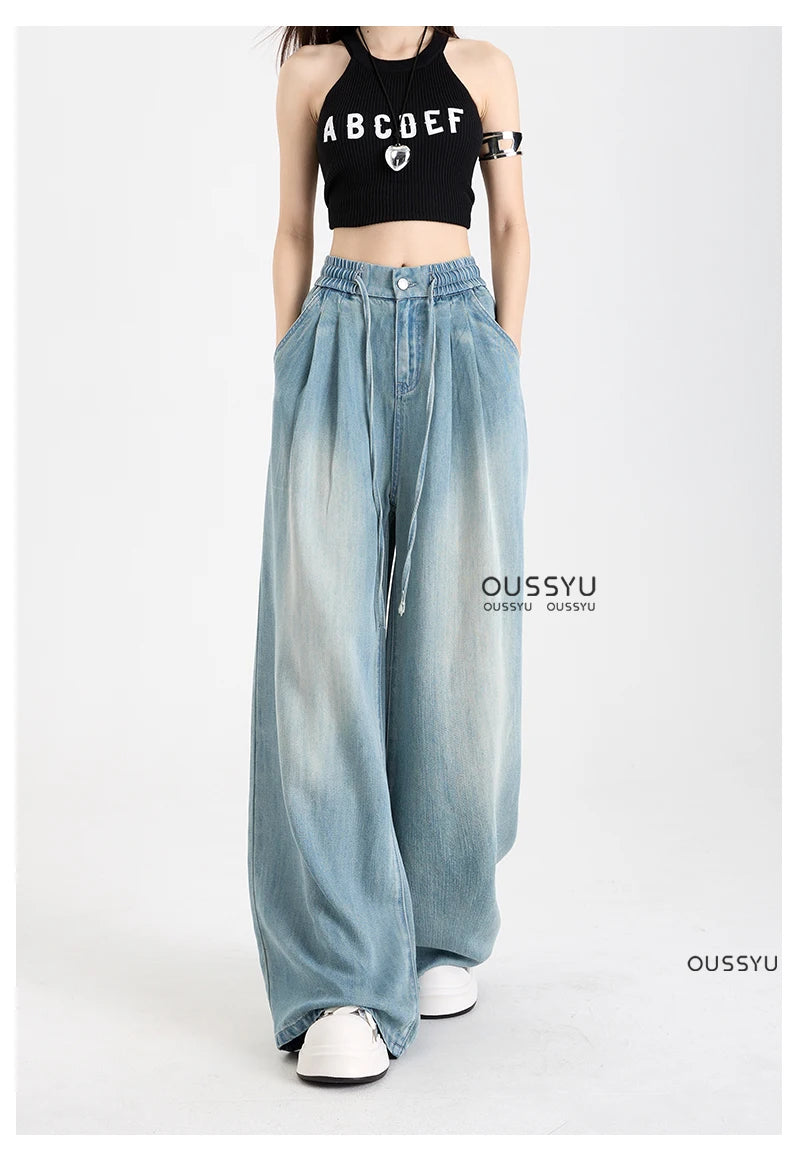 Summer Luxury Soft Cozy 100%Lyocell Fabric Woman Jeans Loose Wide Leg Elastic Waist Pants Fashion Casual Trousers Plus Length