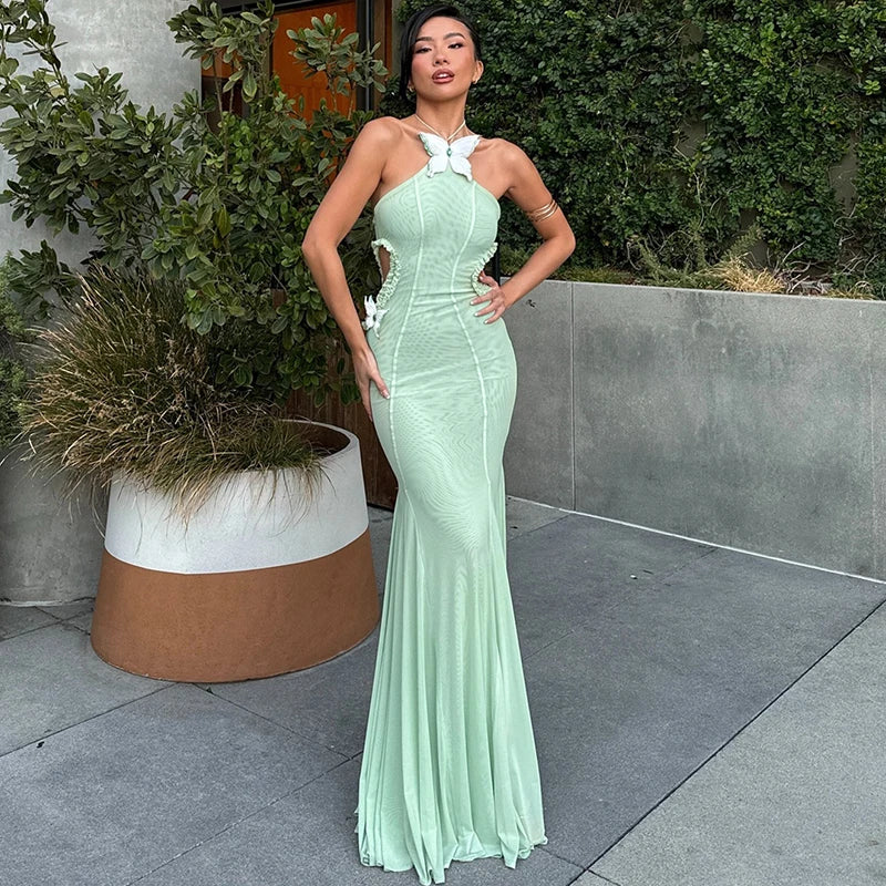 WhereMery Sexy Off Shoulder Butterfly Appliques Halter Maxi Dress 2025 Summer Women Trend See Through Hollow Out Beach Vestidos