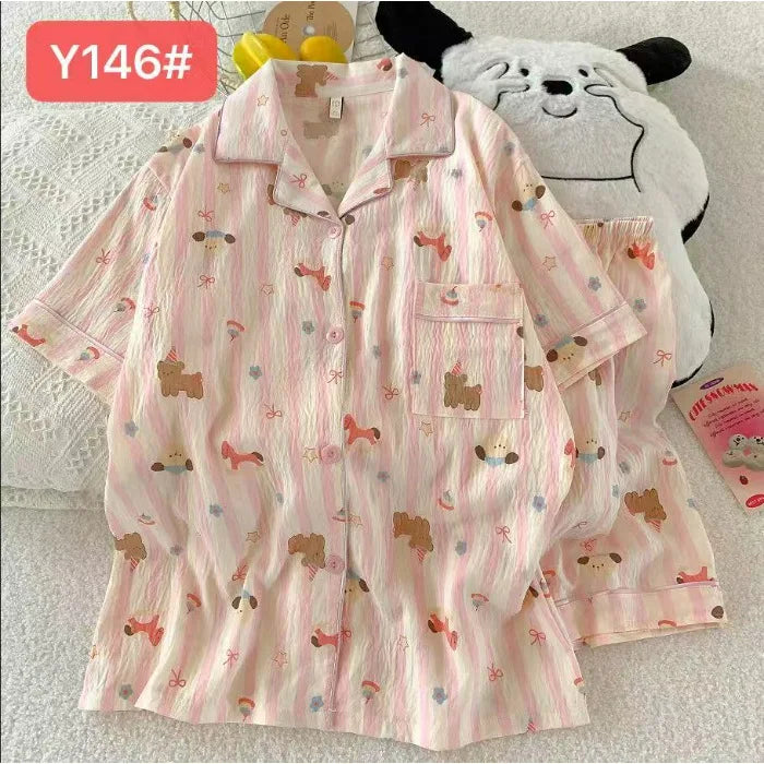 Cute Pink Cloud Cotton Spwear Bear Print Home Clothes Long Sve ort Sve Women's Comfortable Home Suit Summer Thin Y146