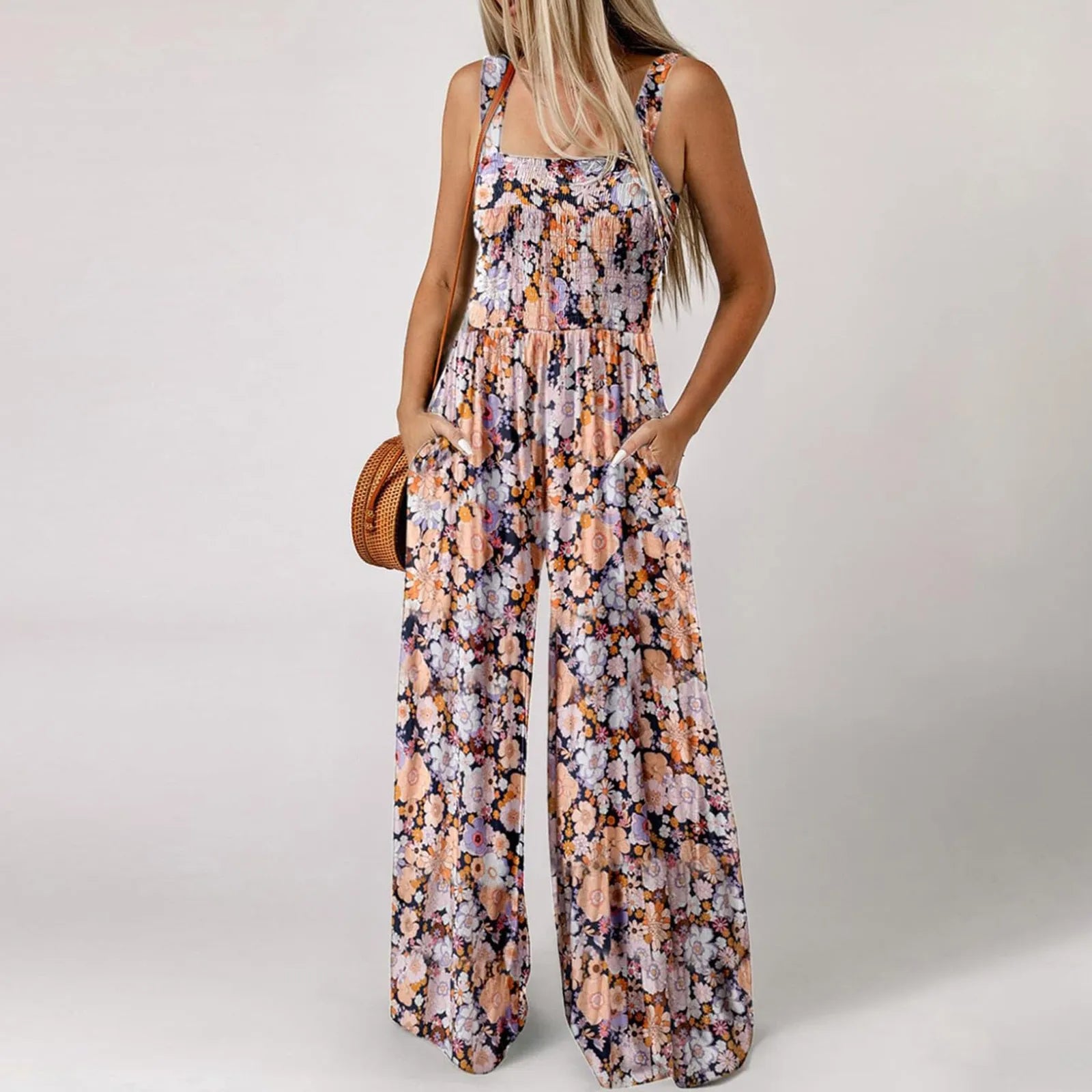 Women'S Suspender Jumpsuits Fashion Trend Pleated Shoulder Straps Printed Pocket Loose Wide Leg Jumpsuits Daily Casual All-Match